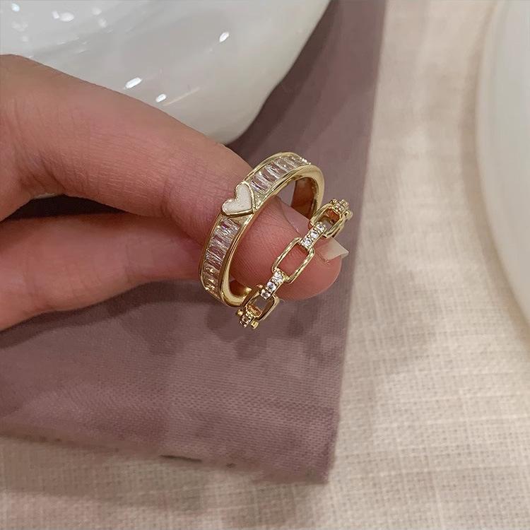 Zircon Chain Love Opening Ring Female Niche Retro Personality Simple Versatile Temperament Finger Ring Popular Casual Everyday Dainty Minimalist Ring