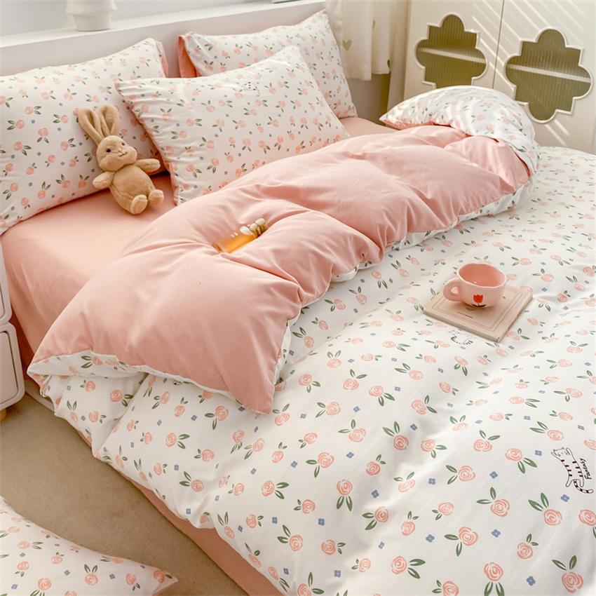 Korean Retro Floral Bedding Set 100% Washed Cotton Bed Sheets Set Soft Duvet Cover Bed Linen Pillowcase Single Double Queen King