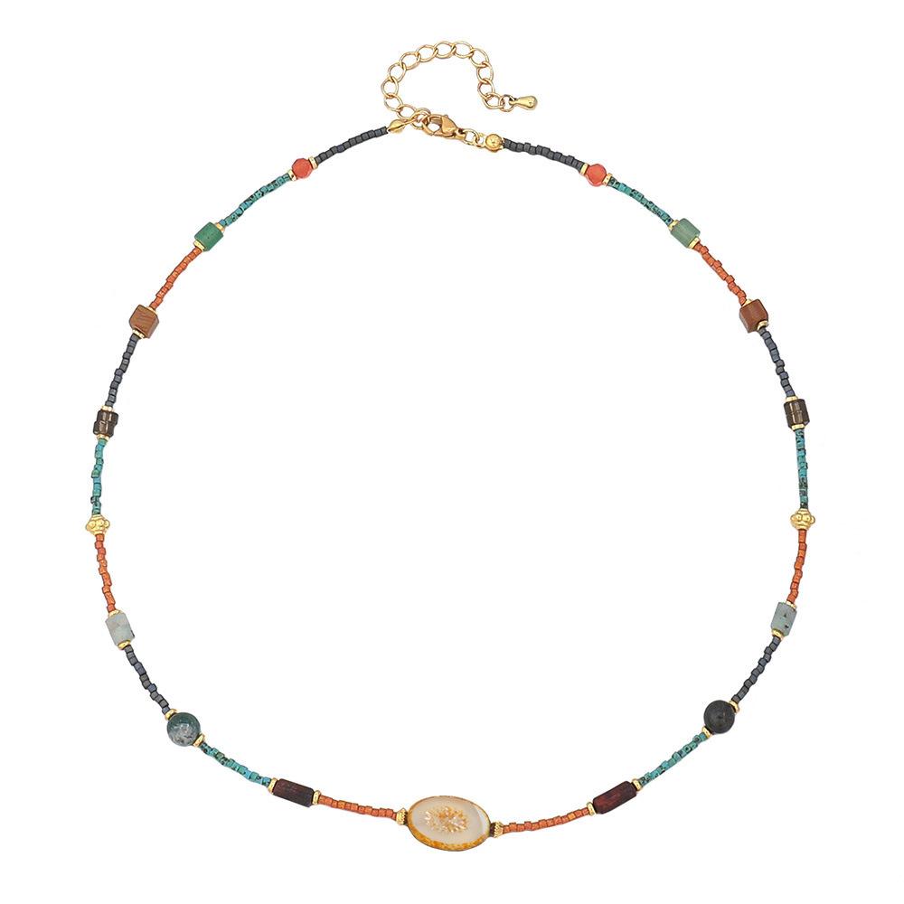GEMCHIC Women s Vintage Colorful Czech Seed Bead Necklace with Geometric Natural Stone Pendant