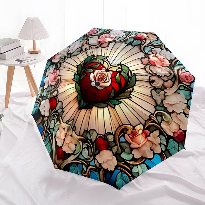 1pc Stained Glass Heart Automatic Umbrella Portable Home Essential Umbrella, Iron Umbrella Structure Suitable for All Seasons Yy251123149