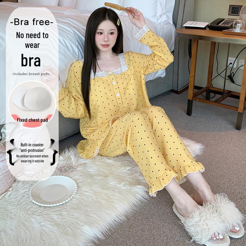 Yellow Sweet Princess Long Pajamas with Chest Pad - Korean Cloud Cotton, Plus Size, Spring/Autumn Style