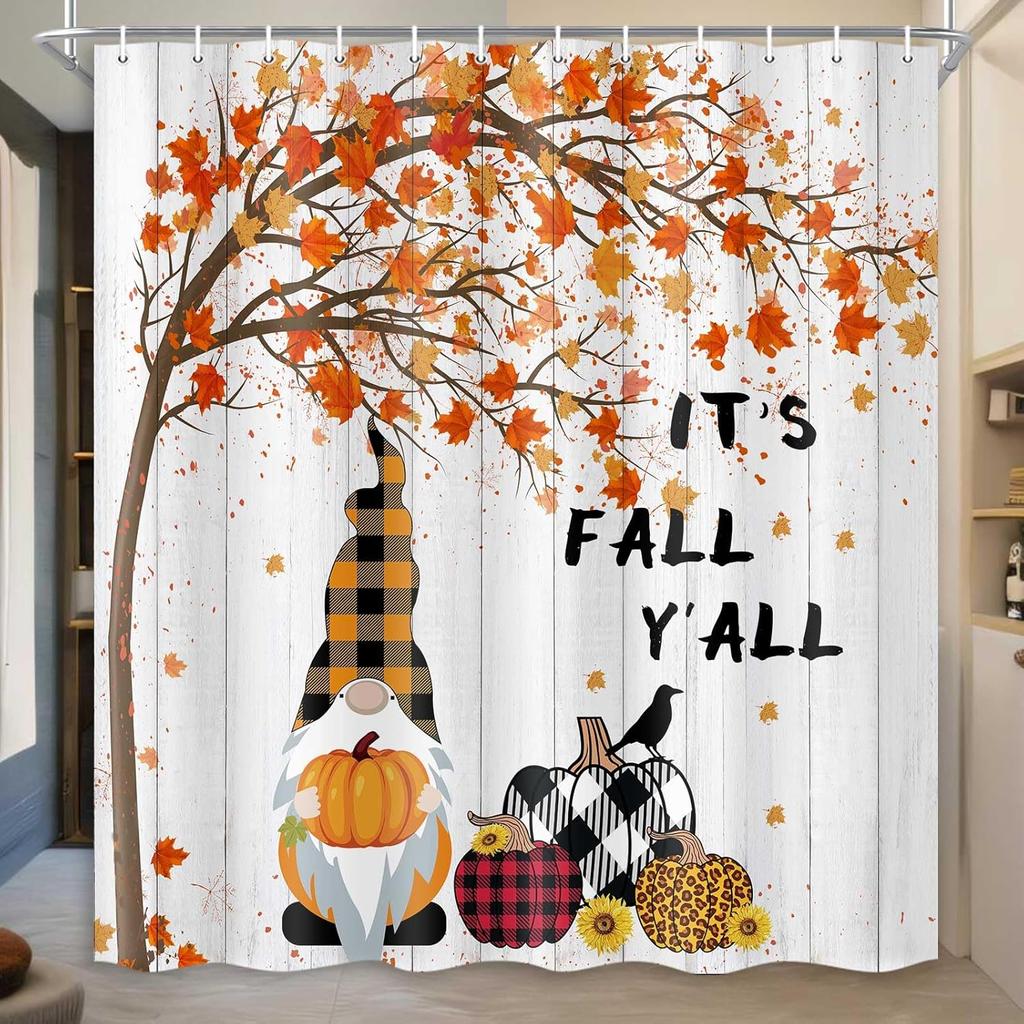 Fall Shower Curtain Set - Autumn Sunflower Pumpkin Gnome Design, Waterproof Farmhouse Bath Decor with 12 Hooks, 71x71 Inch