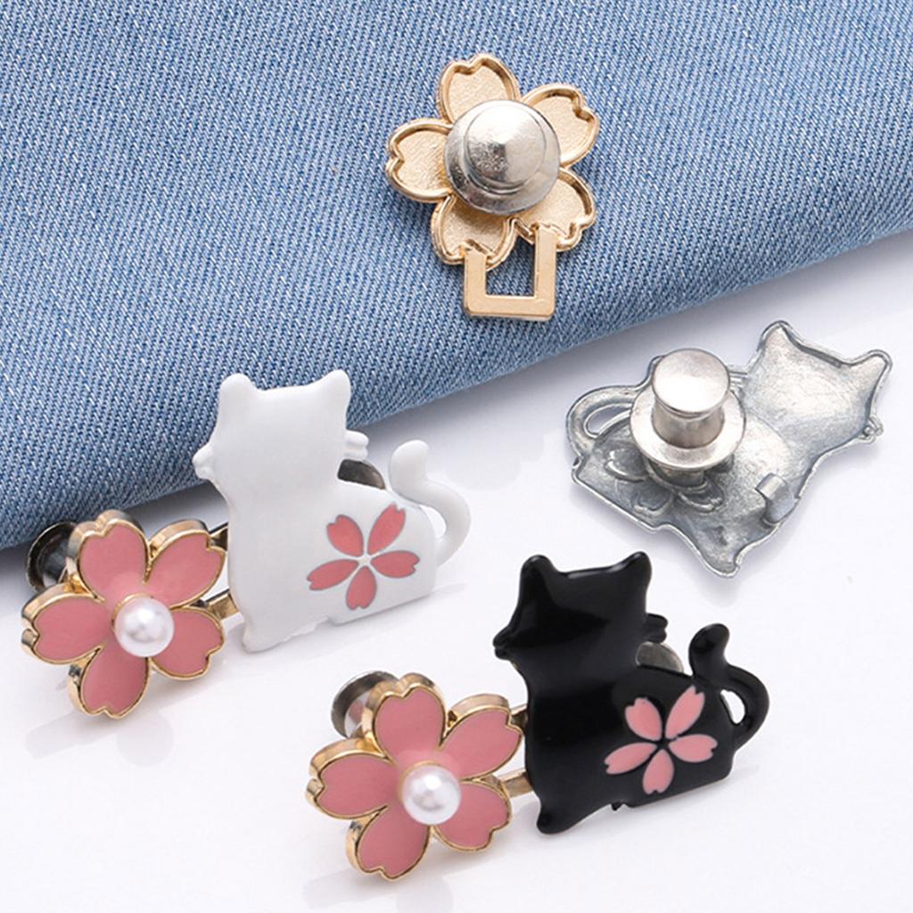 2 Pairs Jeans Button Pins Flower Cats Waist Buckles Detachable Trousers Waist Tightener Adjustable Trouser Button Pins