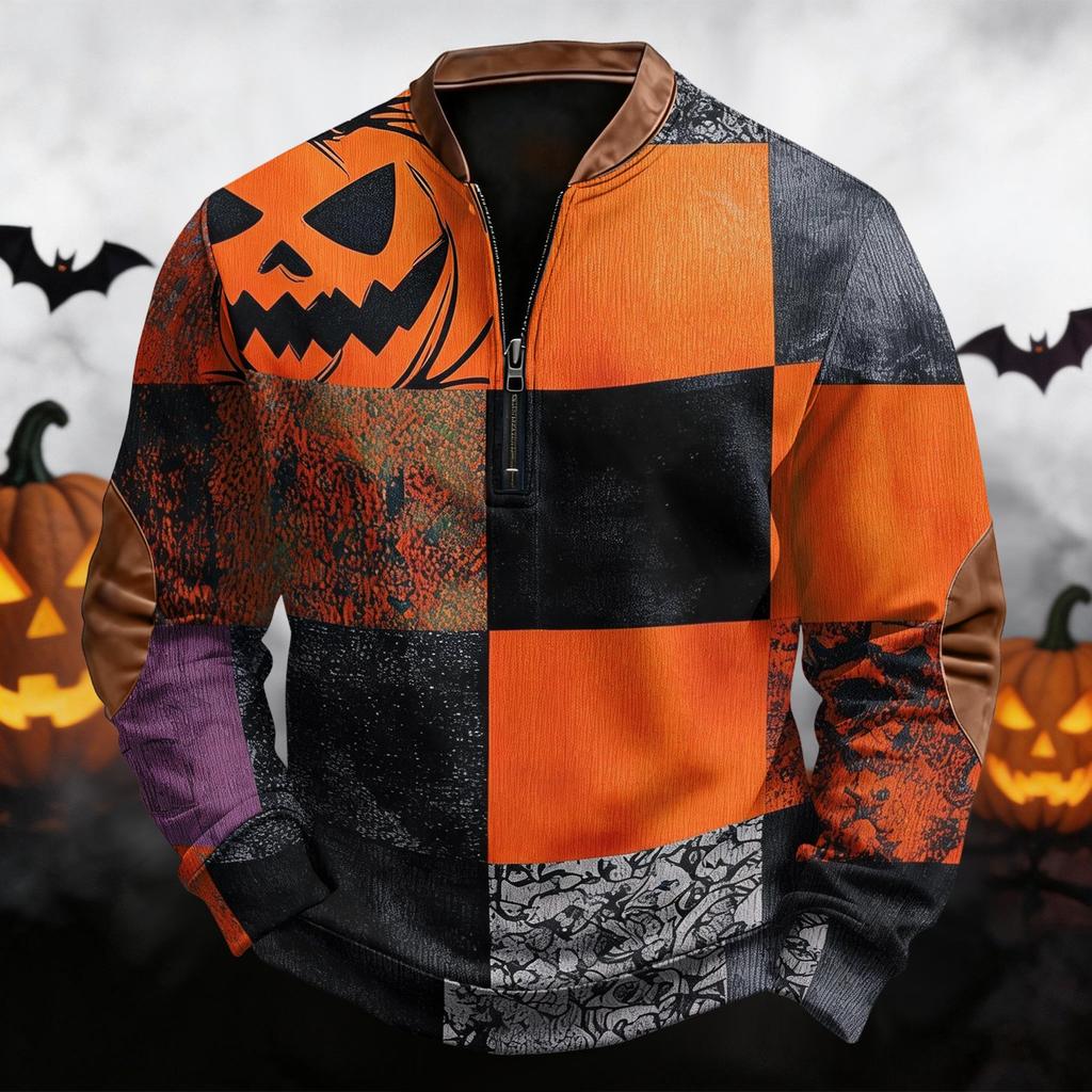 Men's Casual Retro Half Zip Long Sleeve Sweatshirt with Halloween Print