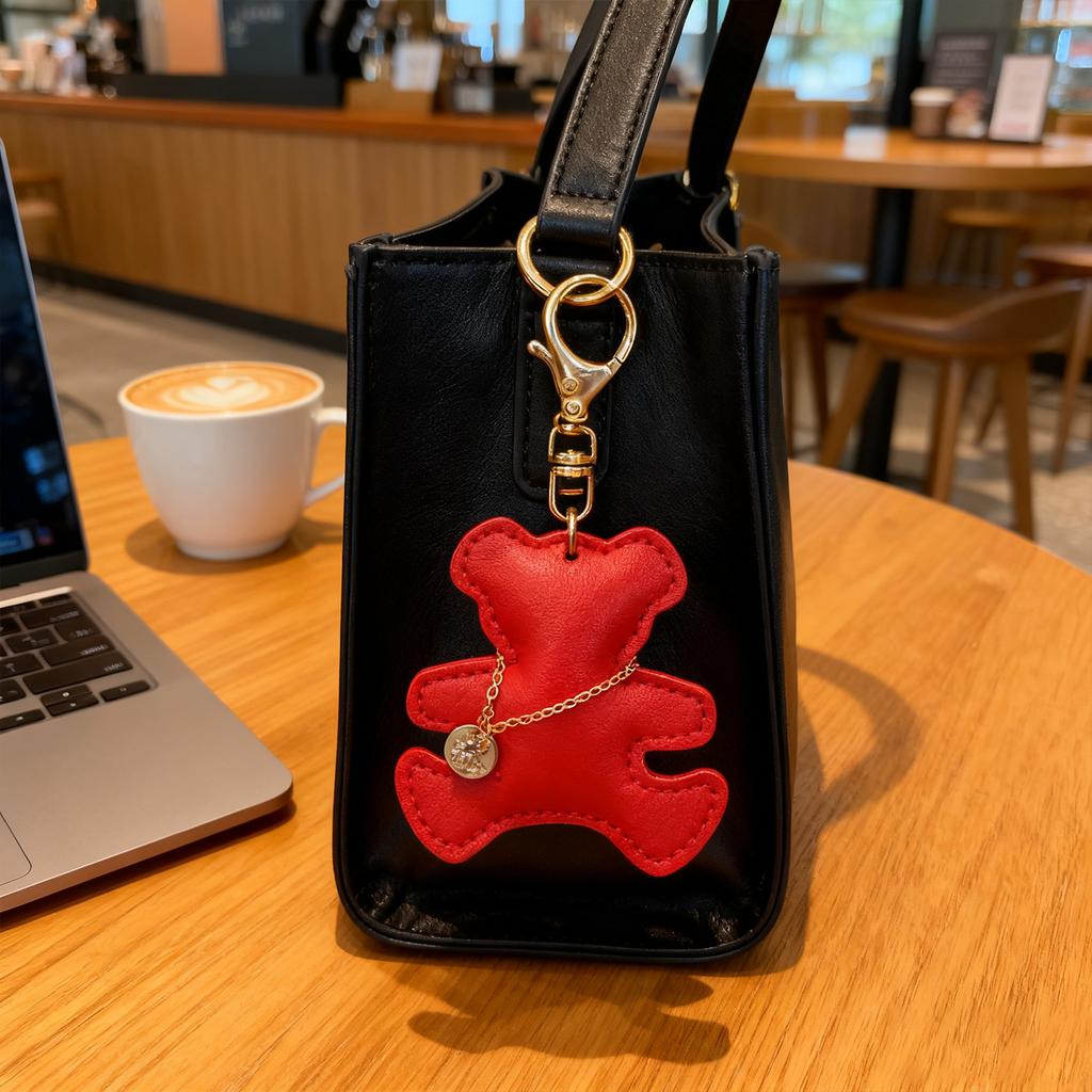 Trendy Mini Bear Keychain Decorative Bag Charm Gold Tone Chain Soft PU Leather Craftsmanship Keyrings Accessory