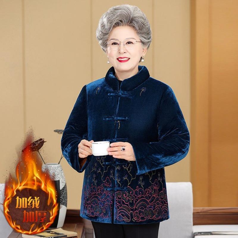 

Золотистая бархатная хлопковая куртка для женской зимней бархатной утолщенной хлопковой куртки, вышитая хлопковая куртка для свекрови 5XL [Recommended 150-80 kg] королевский синий