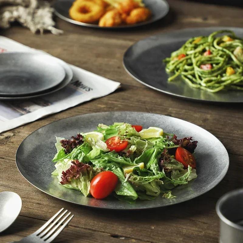 Nordic Vintage Stainless Steel Steak Dinner Plates Snack Fruit Dessert Vegetable Shallow Plate Cutlery BBQ Picnic Dish Tableware