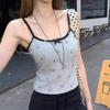 Women Spaghetti Strap Camisole Top Generic Cartoon Cat Print Bow Decor Slim Fit Cropped Cami Tank Top, Black White Gray