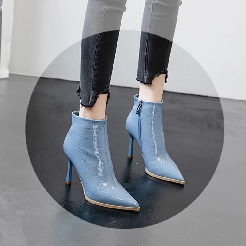 Modne czółenka ze szpicem Kobiety Botki do kostki na wysokim obcasie Wodoodporne buty na wysokim obcasie Botki z bocznym zamkiem błyskawicznym 2024 Lakierowana skóra Botas De Mujer