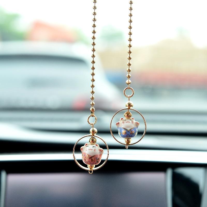 Car Pendant Lucky Cat Car Rearview Mirror Decoration Ceramics Alloy Hanging Ornaments Gift Auto Mirror Accessories for Girls