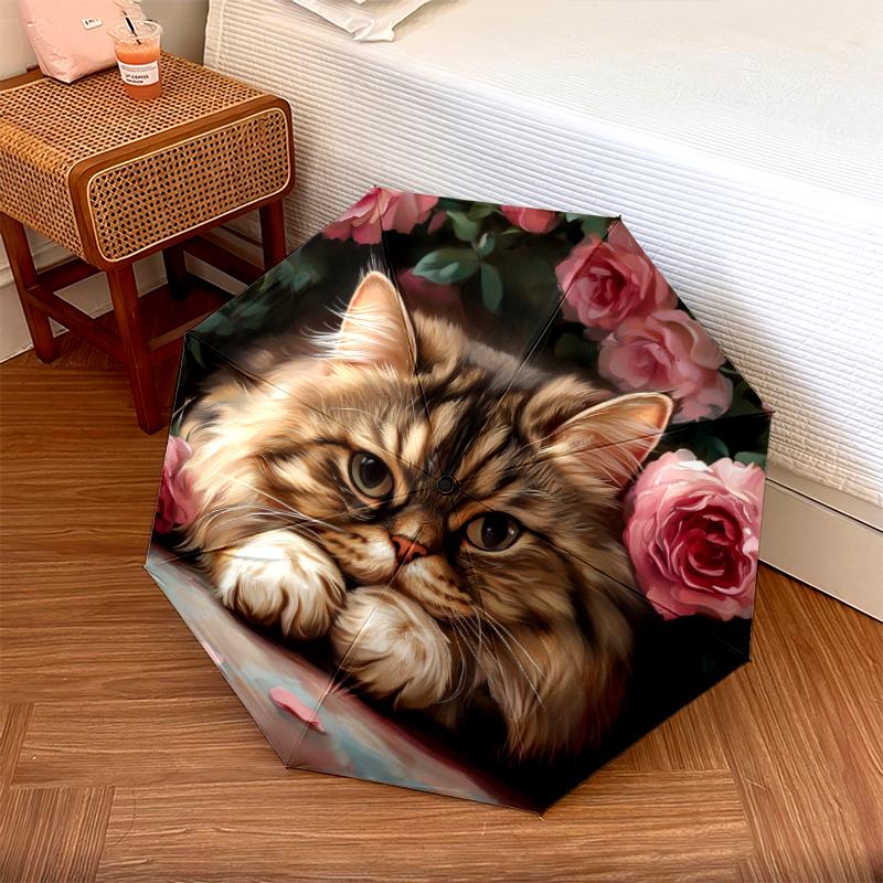 Rose and Persian Cat Pattern, Automatic Folding Umbrella, Portable and Foldable Design, 8 Ribs, a Christmas or Birthday Gift.