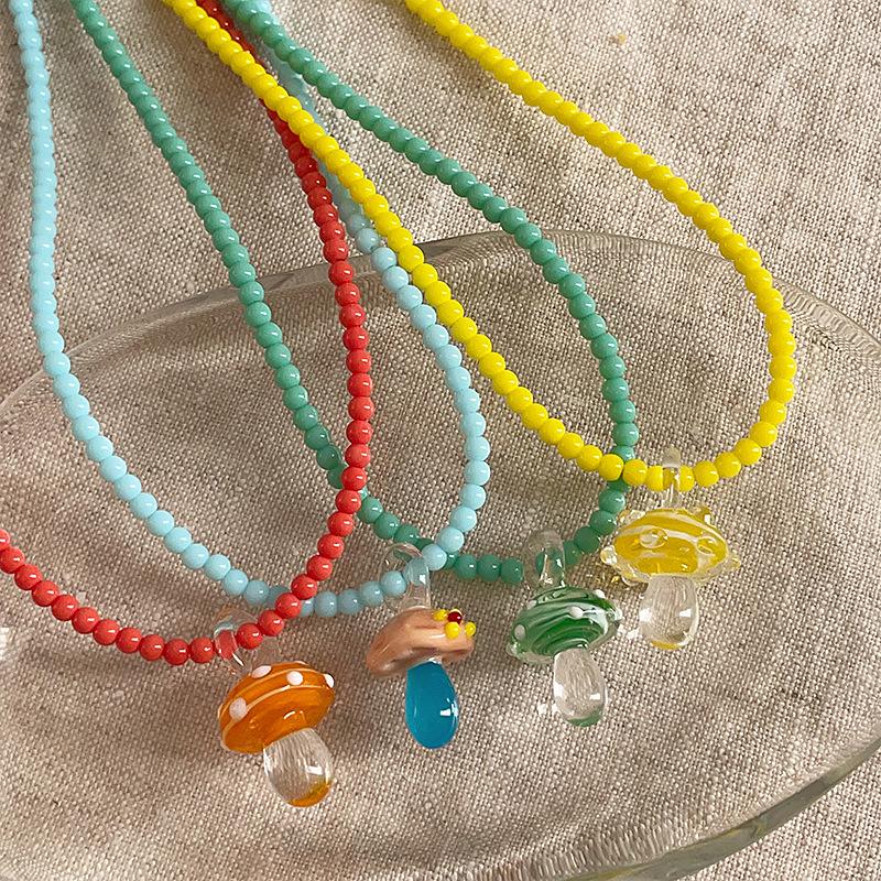 Glazed Beaded Resin Mushroom Pendant Necklace Simple Small Fresh Collarbone Chain Korean Ins Temperament Jewelry Women