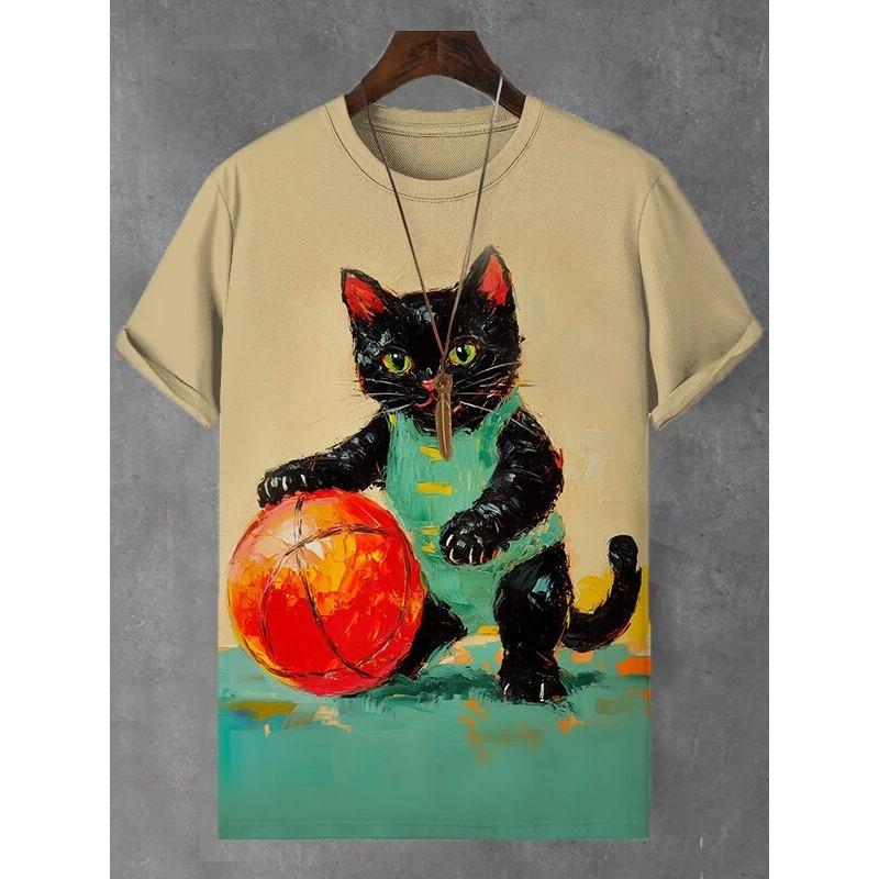 Herren Tier Lustige Katze Bedrucktes T-Shirt Kurzarm T-Shirt Tops 3D-Druck O-Ausschnitt Shirts Party Sommer Lässig Herrenbekleidung