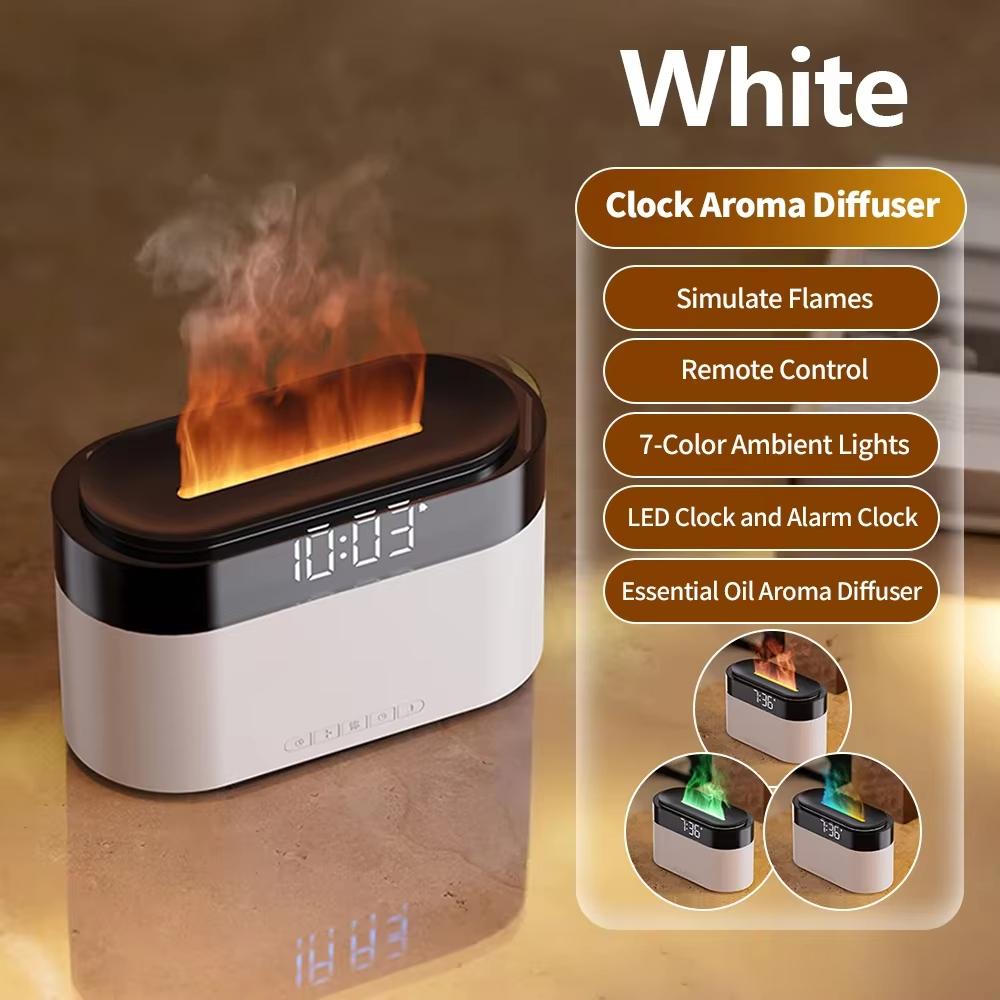 Clock Flame Effect Aroma Diffuser Essential Oil Humidifier Desktop Home Alarm Display Mist Device