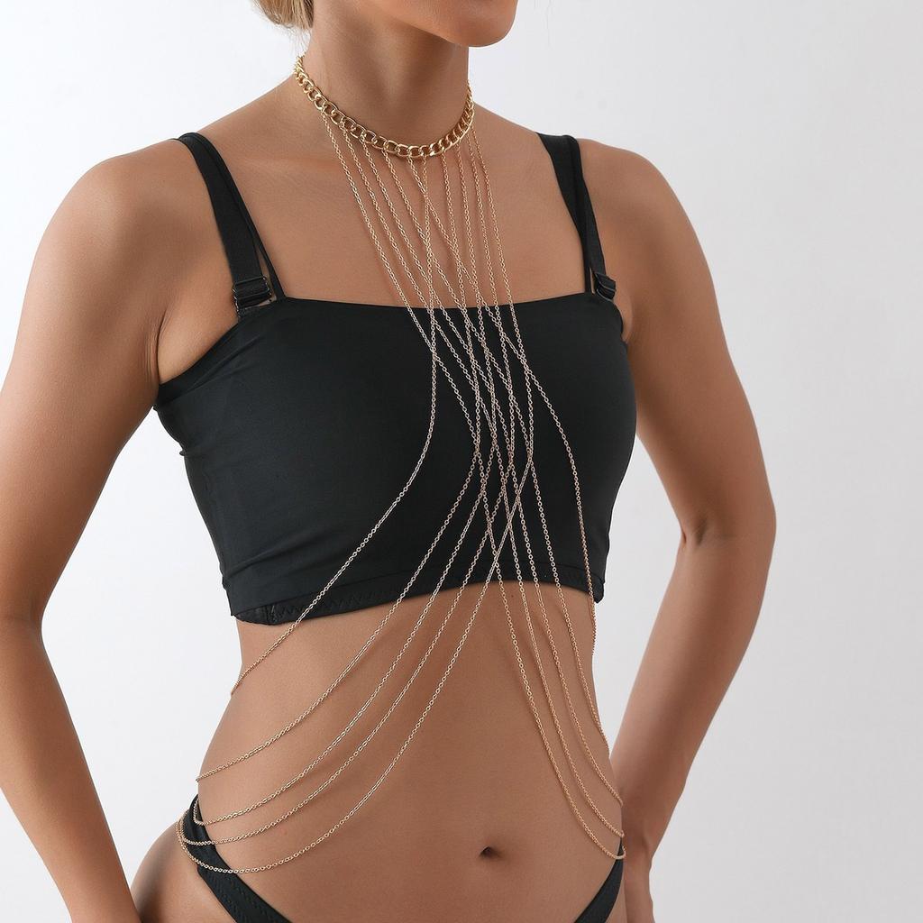 Multi Layered Tassel Body Jewelry Gold Alloy Multilayer Cross Chest Chain For Women Night Out Party Beach Wear