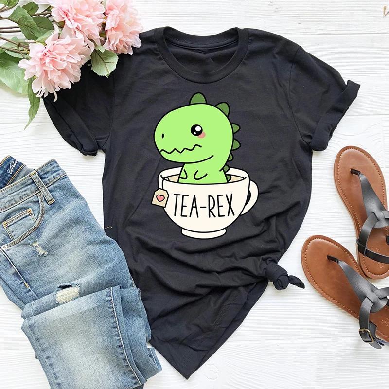 Cute Tea-Rex T-Shirt Women Funny Cartoon Dinosaur T Shirt Female Cotton Short Sleeve Kawaii Clothes Dino Tea Graphic Tee Shirt