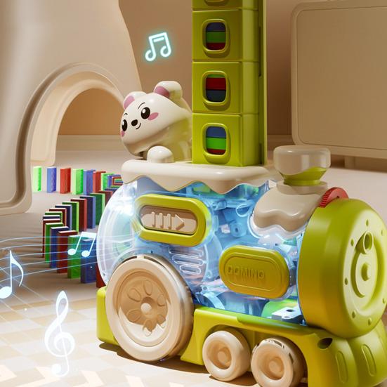 Kids Domino Train Toy Automatic Domino Thrower Sound Light Effect Toddler Building Blocks Projection Educational Gift
