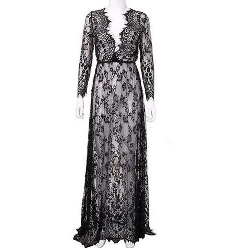 

Кружевное тренировочное платье с V-образным вырезом, просвечивающее Кружевное платье с V-образным вырезом и шлейфом black L