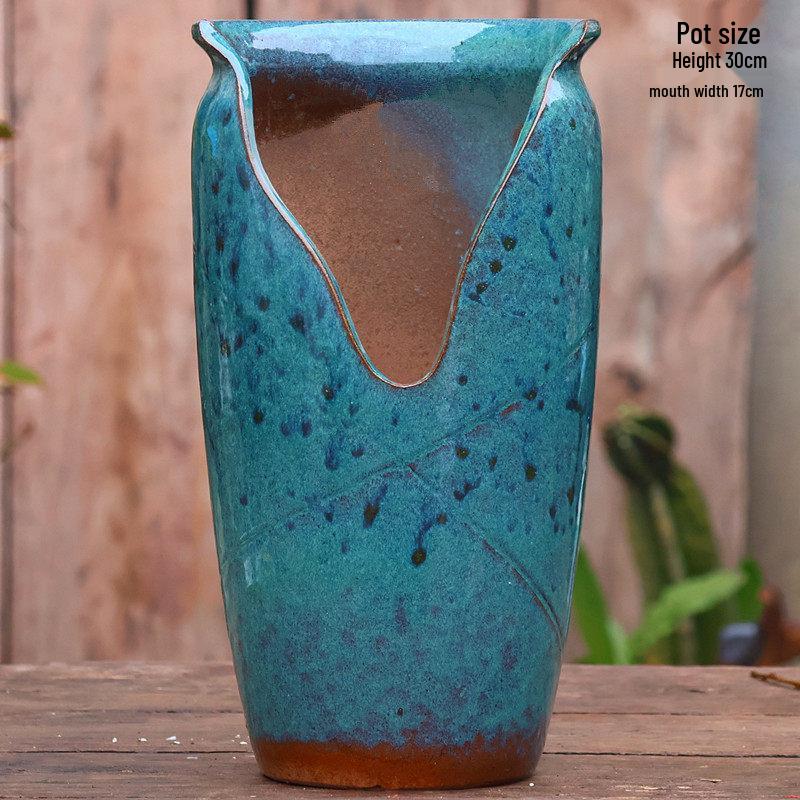 Handmade Coarse Pottery Wide-Mouth Flower Pot - Ceramic Zisha Succulent Planter with Rustic Cut-Edge Design for Chlorophytum