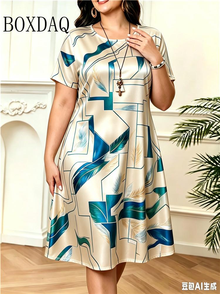 Geometric Design Pattern Print Women Dress Summer Fashion High Quality Casual Short Sleeve Round Neck Loose Home Dress Plus Size