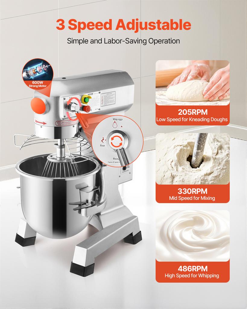 SucceBuy 10L Commercial Food Mixer 3 Speeds Adjustable 110/178/390 RPM Stainless Steel Bowl Dough Hooks Whisk Beater Premium