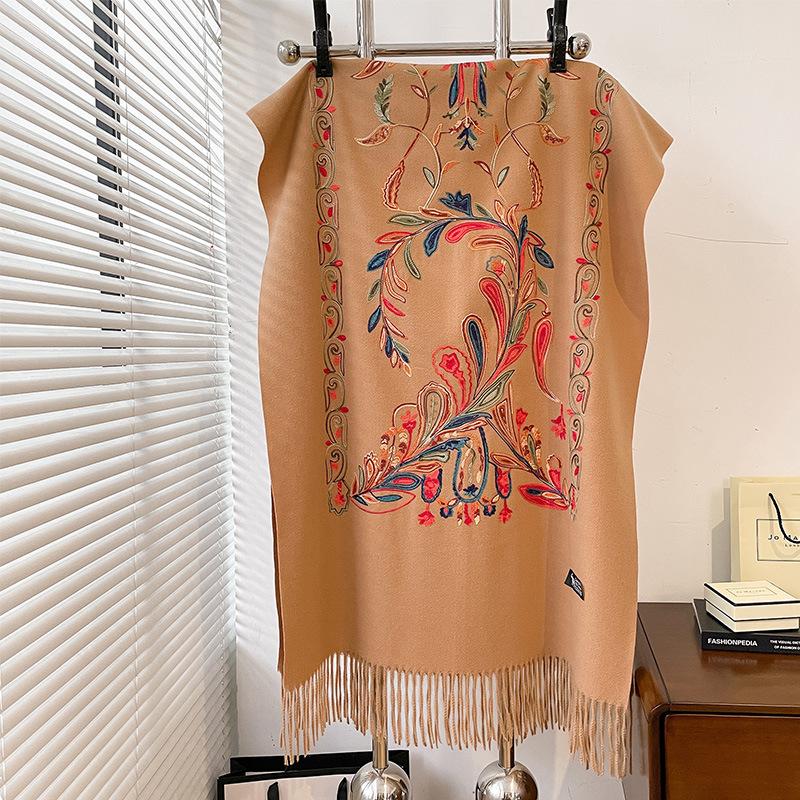 Autumn and winter travel style phoenix tail cashew embroidered imitation cashmere warm scarf ethnic style embroidered fringed shawl
