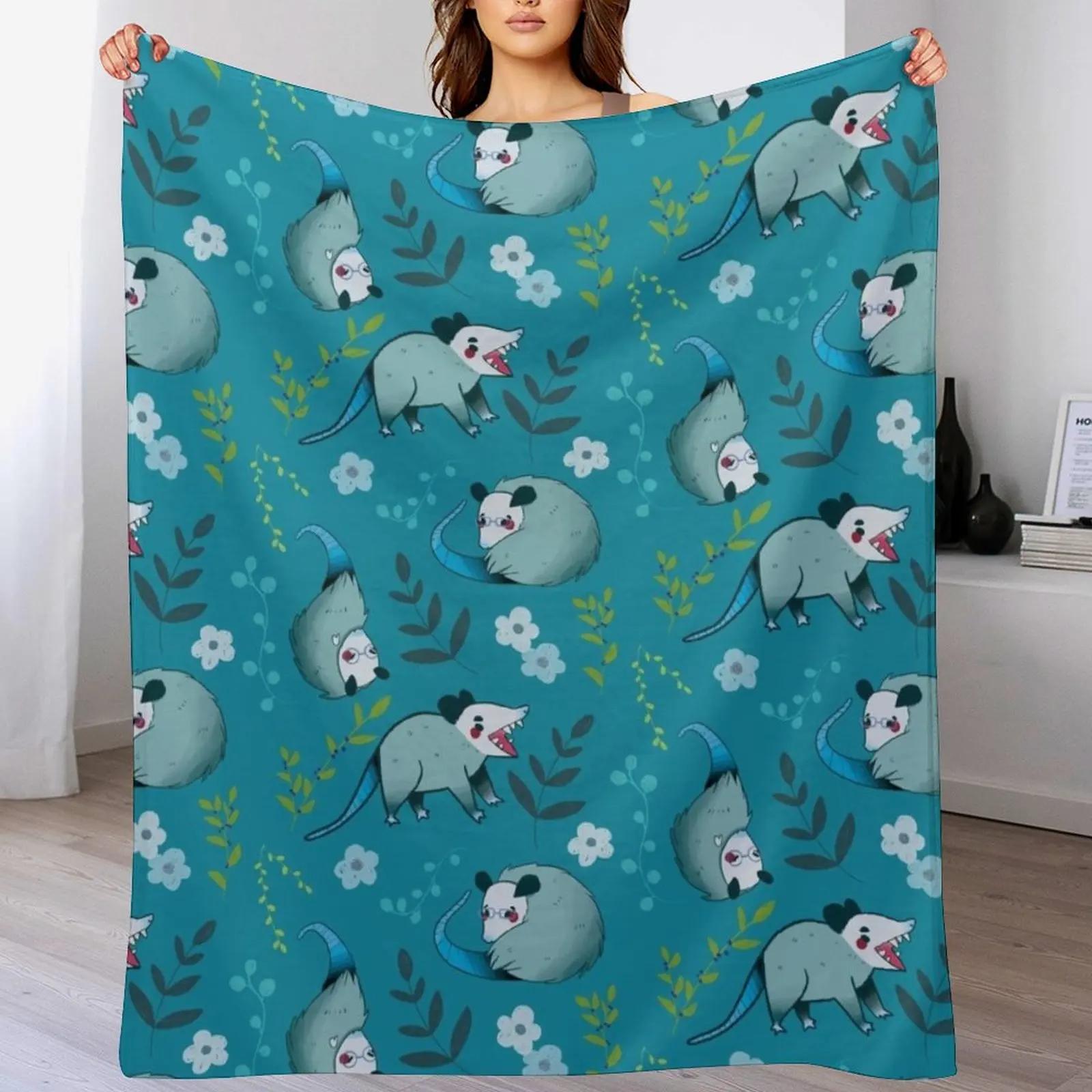 Possum Cute Blue and Green Cartoon Animal Pattern Throw Blanket Color Fast Cozy Throw Blanket 102x76cm(40x30in)