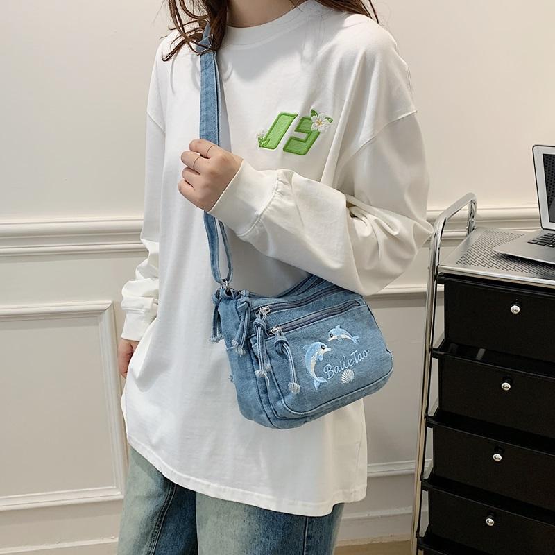 Vintage Denimtasche Damen Mehrschichtig Kleine Tasche Bestickt Schulter Crossbody-Tasche