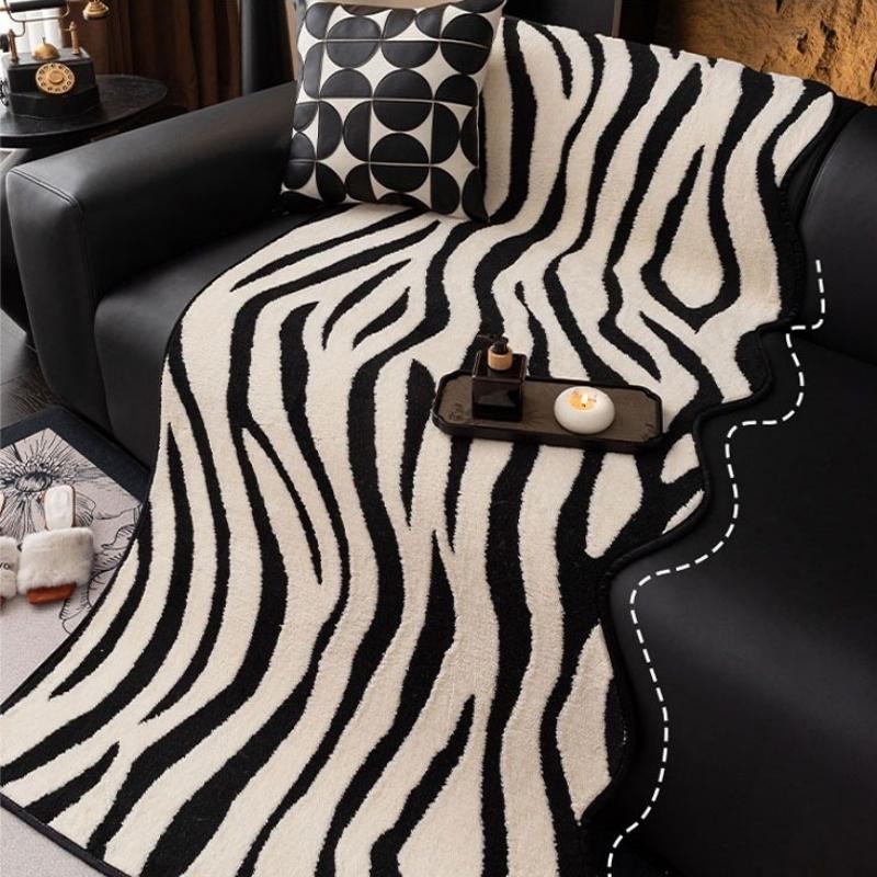 1pc Zebra Stripes Jacquard Fleece Sofa Cover, Black & White Retro Modern Couch with Anti-Slip Sofa Towel Fit for 1/2/3/4 Seater