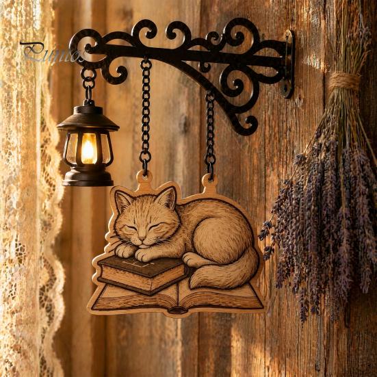 Retro Bookshelf Light Vintage with Cat Sleeping on Book Design, Lantern Rustic Metal Wall Lamp for Reading, Decorative LED Study Room Library