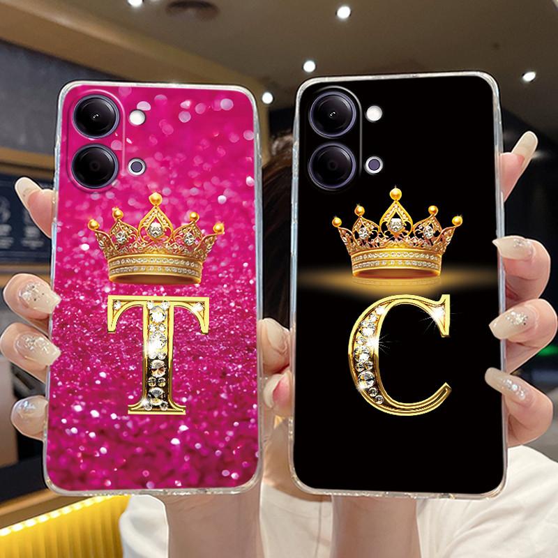 Case For Vivo Y05 4G/Y11D 4G/Y11 5G/Y21 5G Transparent TPU Shockproof Soft Casing Lucky A-Z Letters Crown Pattern Couple Shell