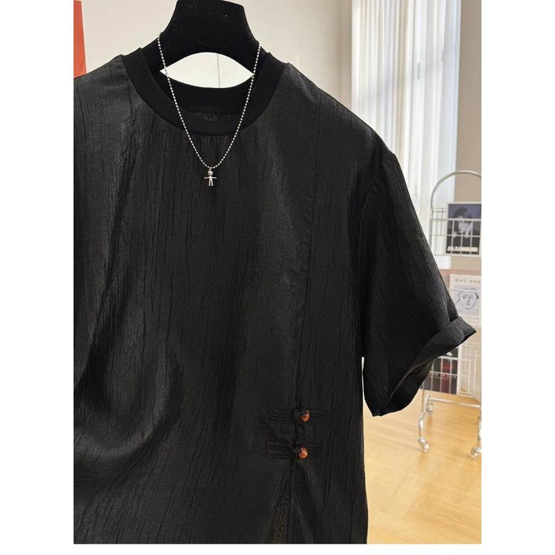 New Chinese Style Short-sleeved T-shirt for Women Loose Buckle Slit Textured Pleated Top