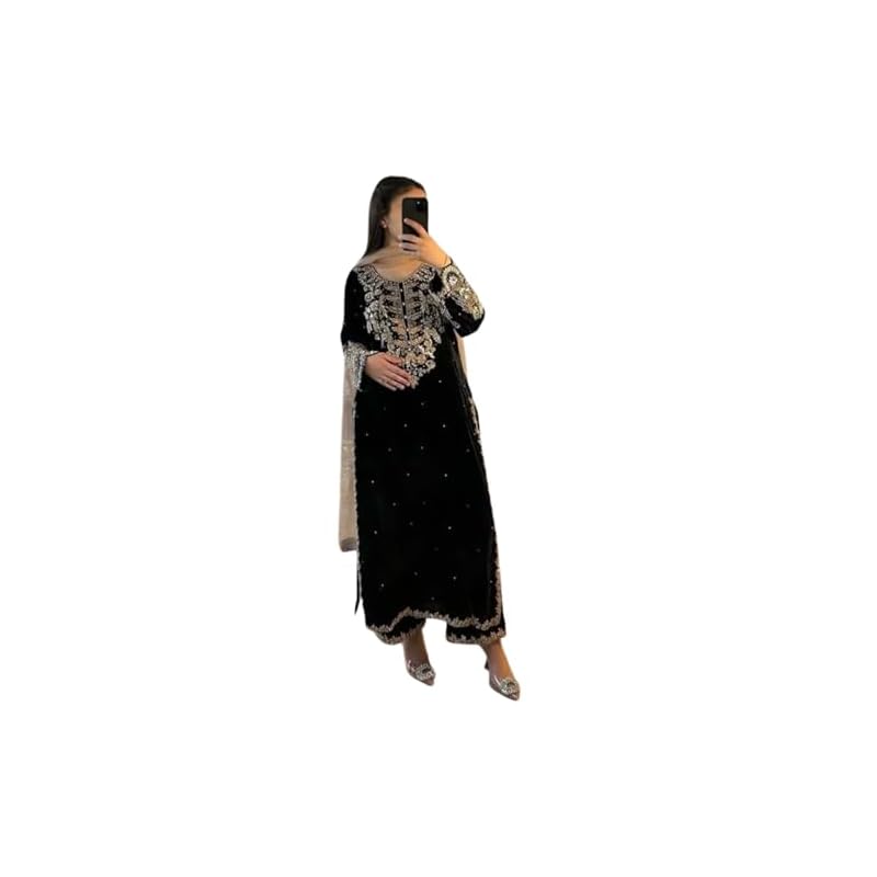 Ensemble Kurta Pyjama & Dupatta pour Femmes à Manches Suppar, Georgette Broderie Sequins (Tanya)