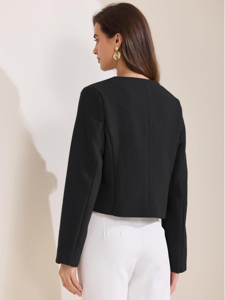 Allegra K Women's Cropped Tweed Jacket, Long Sleeve, Button-Down, Fall/Winter, Commuting, Business Blazer, Black, Size S