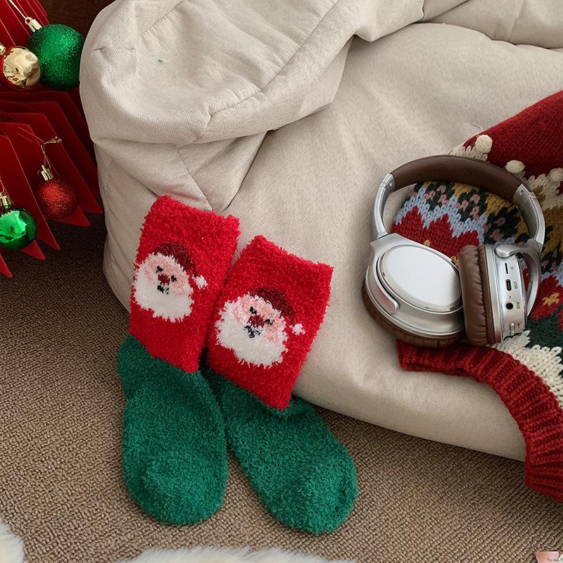 Christmas Coral Velvet Stocking Elk Santa Claus Striped Christmas Tree Snowflakes Socks Women Winter Autumn Home Floor Socks