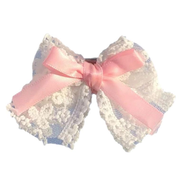 Girls Ruffles Lace Necklace with Pearl Chain Pendant Ribbon Bows Earrings Hair Clips Handmade Lolita Hair Ornaments