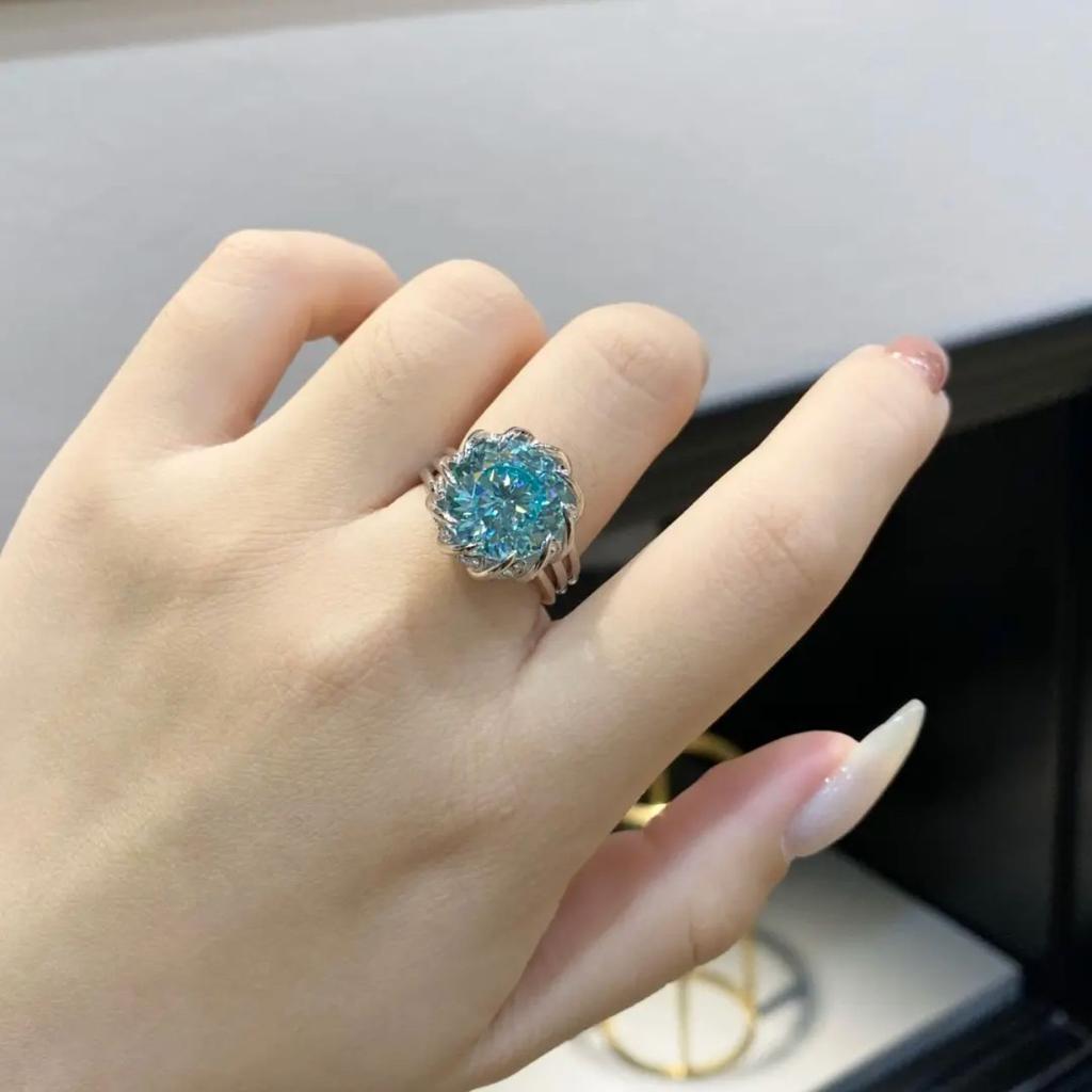 Simulation Paraiba Blue-Green Diamond Ring Pt950 Eight Hearts And Eight Arrows High Carbon Diamond Colored Treasure Open Ring