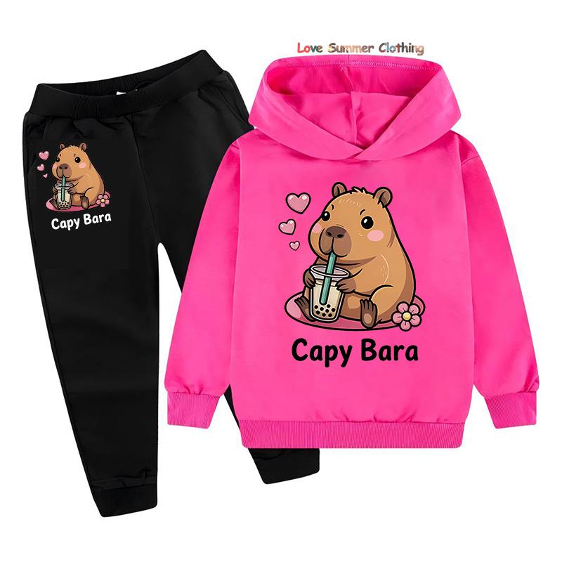 2-teiliges Mädchen Capybara Hoodie Jogginghosen Set Kinder Gemütliches Outfit Capybara Grafik Lässige Spielkleidung Maschinenwaschbar Alltag Sport Passendes Outfit für Jungen