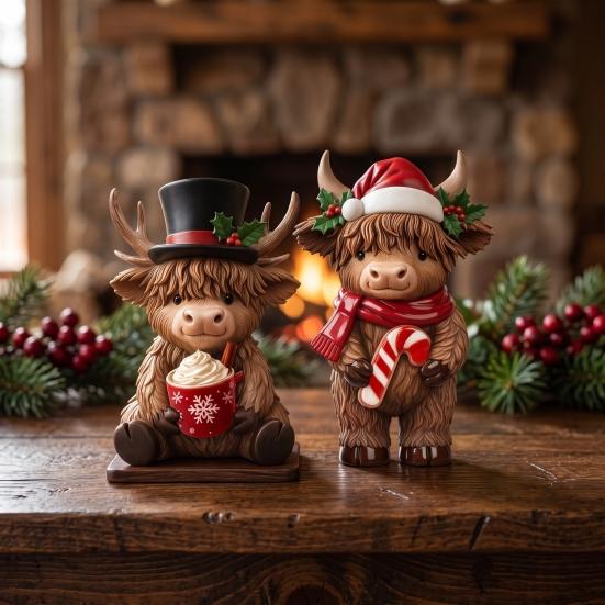 Harz Feiertag Haus Dekoration 2 Stück Weihnachten Hochland Rinder Figuren, Weihnachtsmann Rentier Kuh, mit Hut, Niedliches Kalb Schal Und Hut Heißer Kakao, für Garten