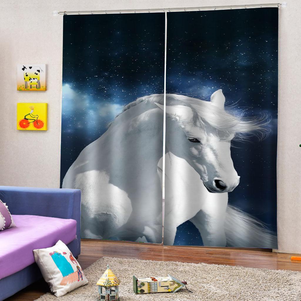 Horse With Wooden Door 3D Digital Printing Bedroom Living Room Window Curtains 2 Panels
