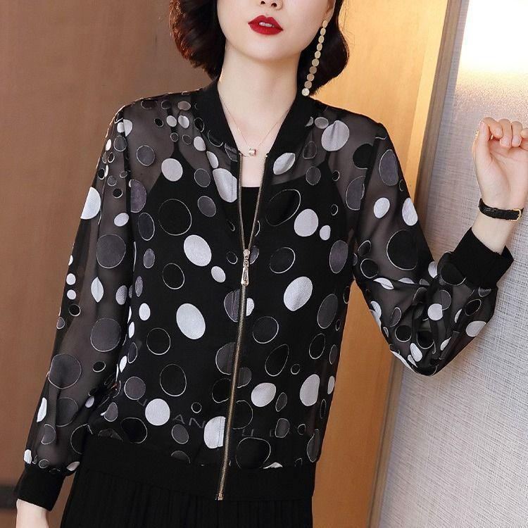 Women s Stylish Black Polka Dot Chiffon Lightweight Sun Protection Baseball Jacket - Summer 2025 Arrival. 5XL