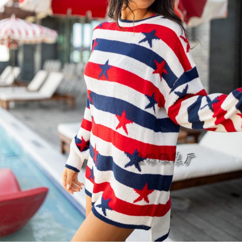 Womens Oversized Knit Sweater With National Flag Print Long Sleeve Crewneck Fall Winter 2025