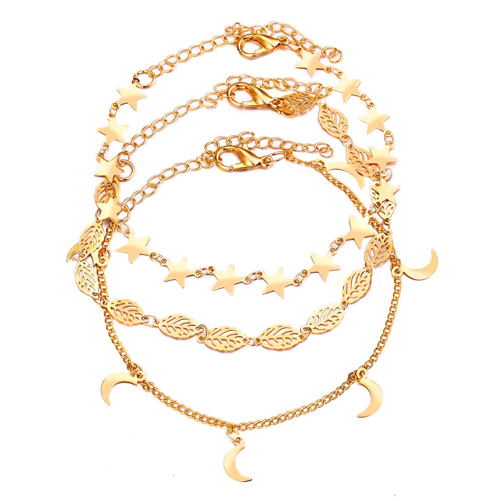 

3pcs Lady Simple Star Moon Shape Elegant Hollow Leaves Casual Retro Anklets Suit gold #1