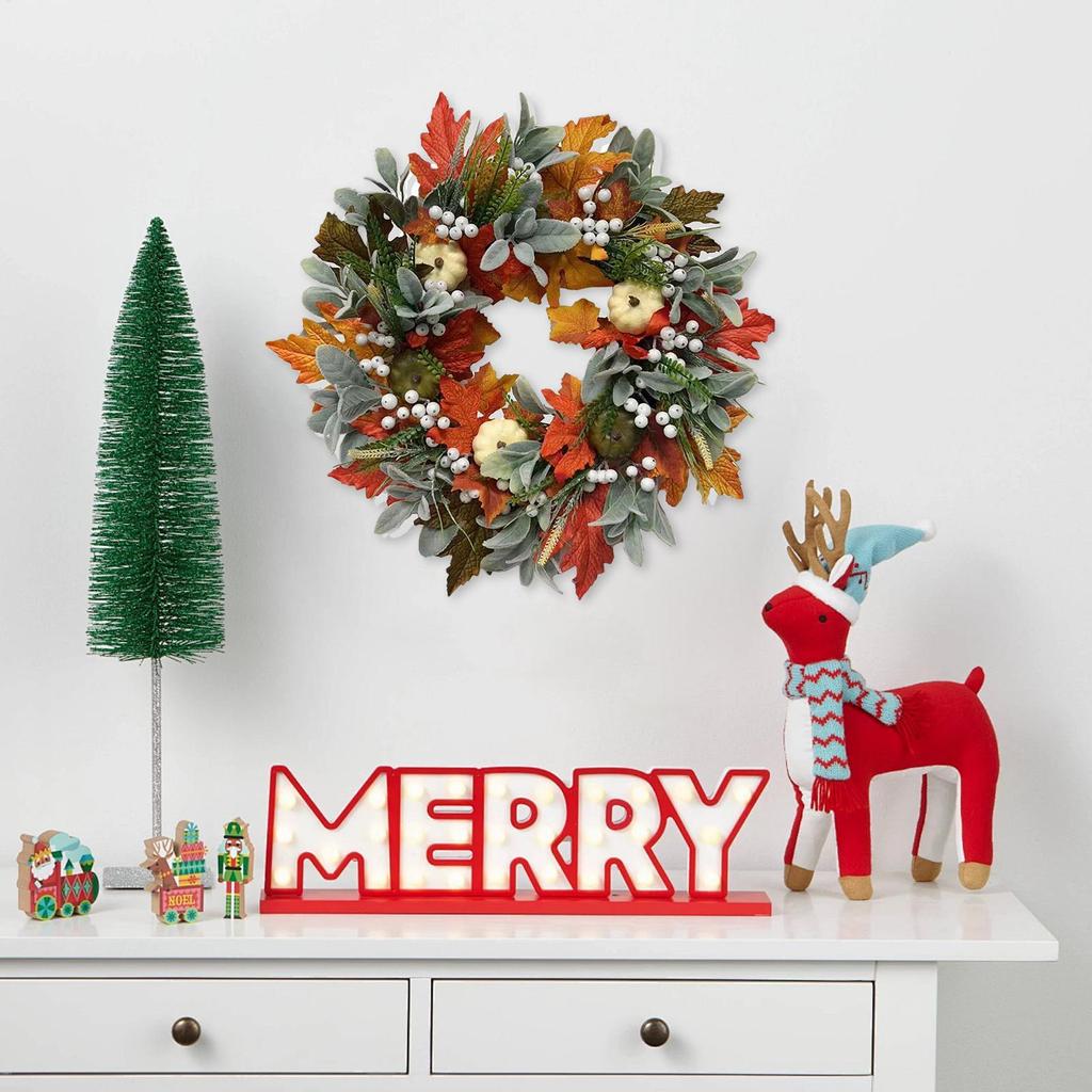 Fall Wreath Harvest Season Decor Maple Leaves Pumpkin Fall Wreath for Thanksgiving Halloween Holiday Mantle Window Wedding Party