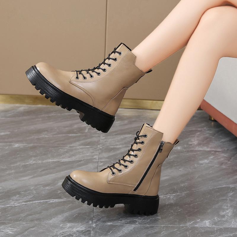 Fashion Women's Leather Boots Fashion Outdoor Casual Ankle Boot Lace-up Platform Boot Classic Leather Short Boots Women Motorcycle Boots