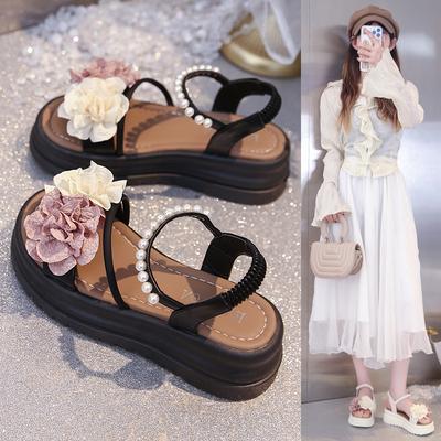 Fashion 2025 Sandals Retro Woman Shoes Open Toe Summer Heels All-Match New Original Peep Flat Outside Pearl Girls Floral Flower