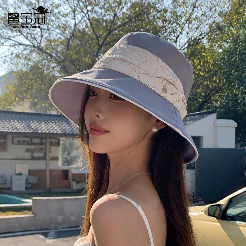 Spring and Summer Hat Women's High-end Sense Color Matching Pleated Bucket Hat Versatile Fashion Sunscreen Sunshade Basin Hat