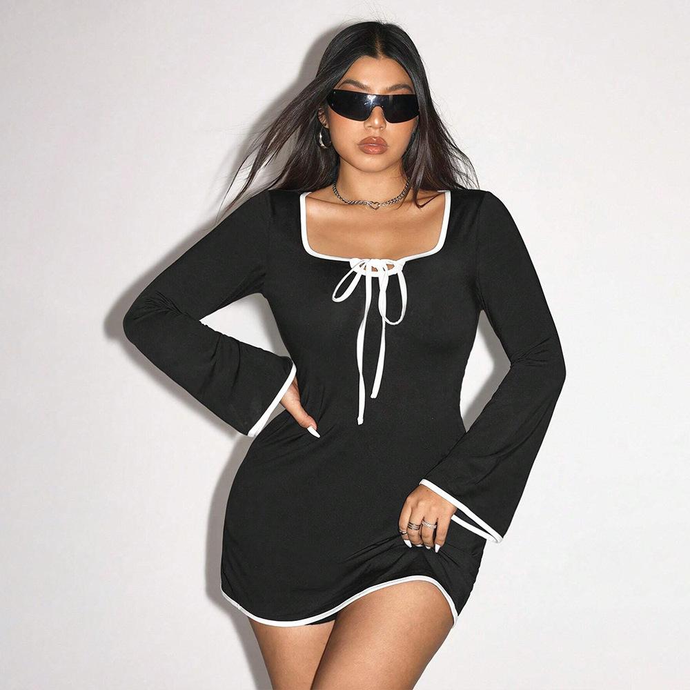 Plus Size Women Sweet Casual Square Neck Flare Sleeve Color Block Short Dress 1XL