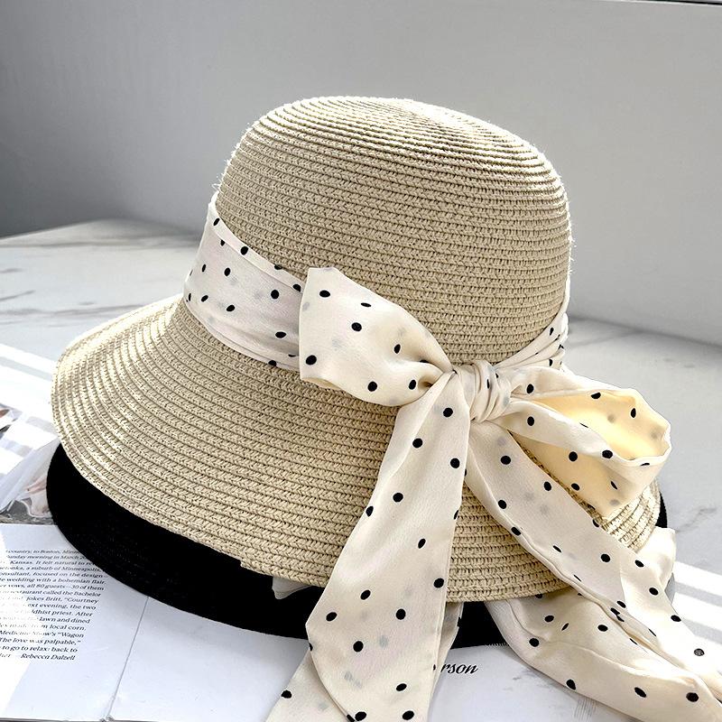 Polka Dot Bow Webbing Fashion Straw Hat Spring and Summer High-end Versatile Travel Sun Protection Hat Sunshade Face Small Lantern Hat