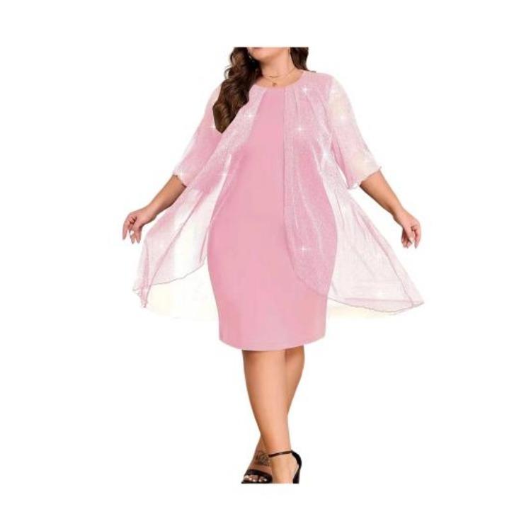 Glitter Shawl Design Plus Size Women Dress Round Neck Half Sleeve Slimming Loose Hem Casual Office Party Wear